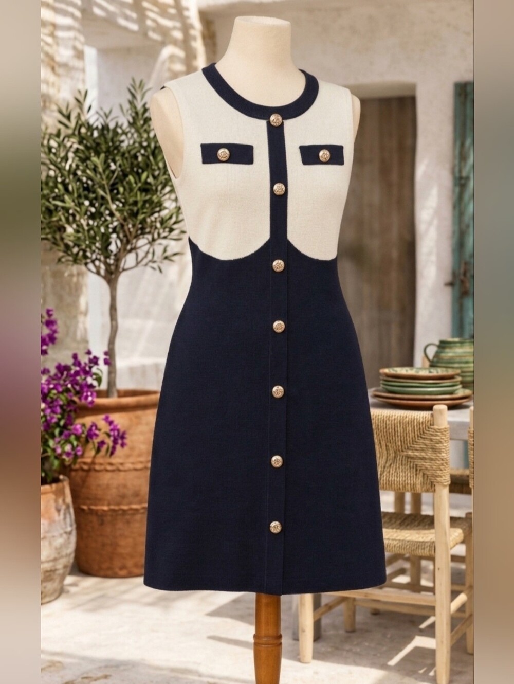 *SHEIN Navy and Cream Sleeveless Button-Front Midi Dress Pit 20